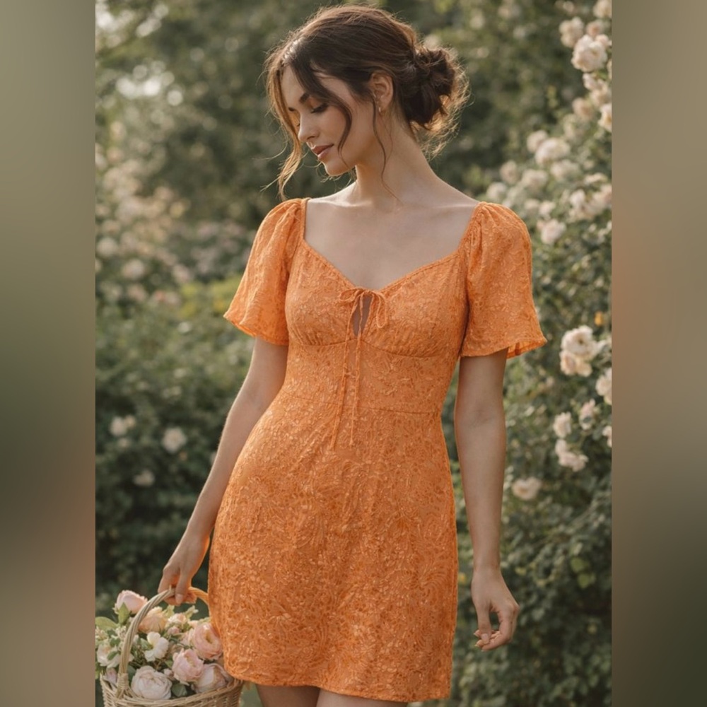Twik Simons Orange Floral Jacquard Mini Dress Size S Cottagecore Boho Romantic